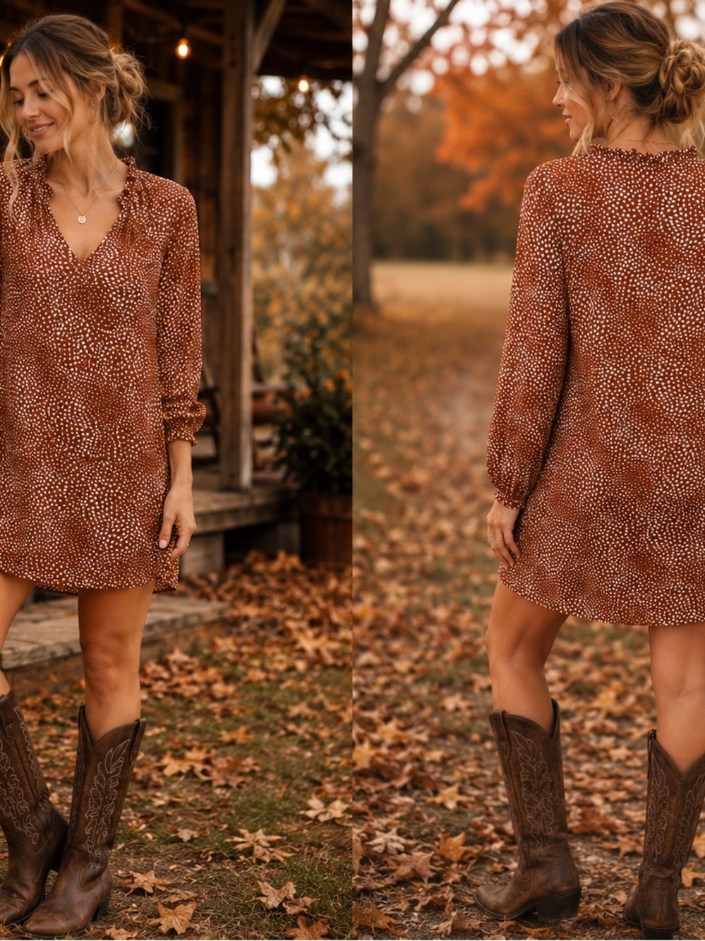 Massini Rust Dot V-Neck Mini Dress